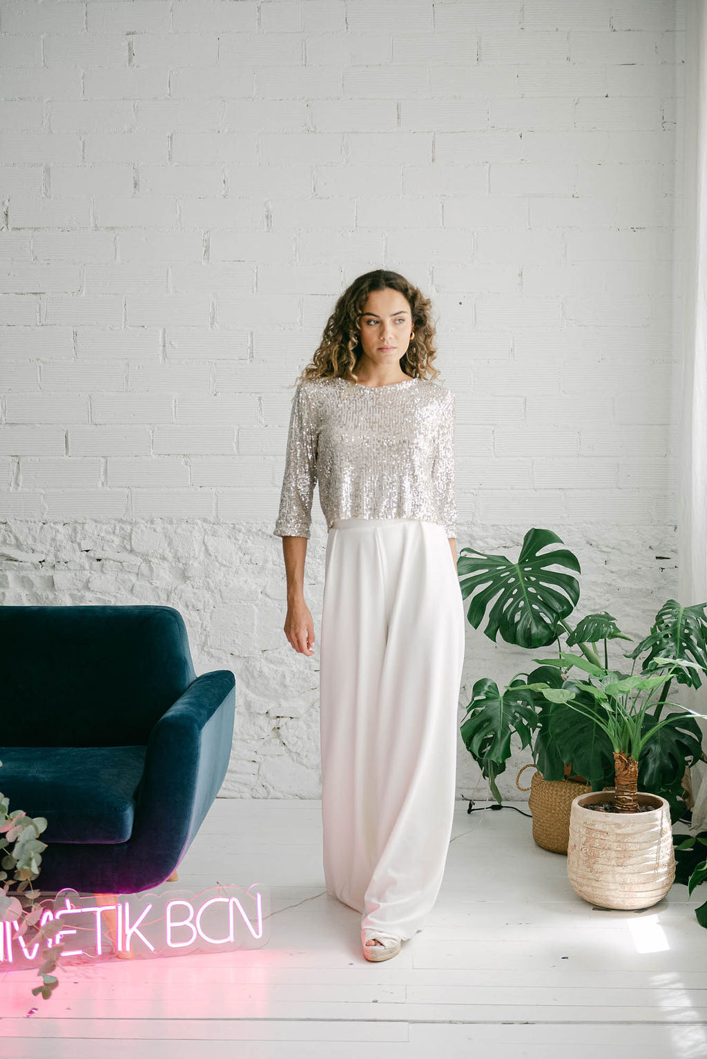 Backless Wedding Dress with Long Sleeve Sequin Top