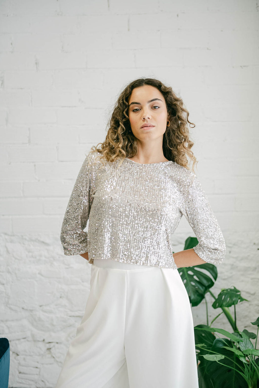 Backless Wedding Dress with Long Sleeve Sequin Top