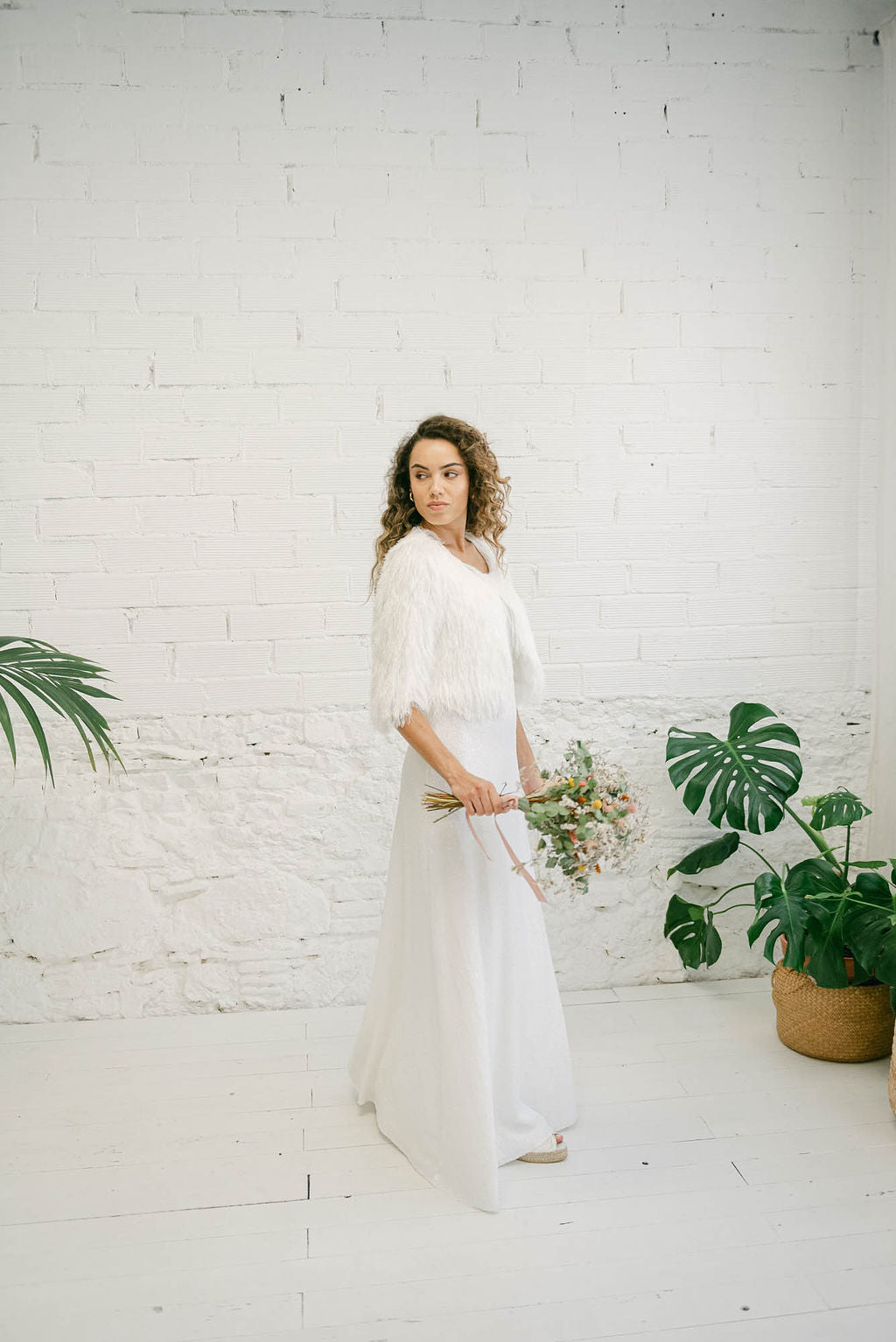 Long Sequin Wedding Dress with Fur Coat