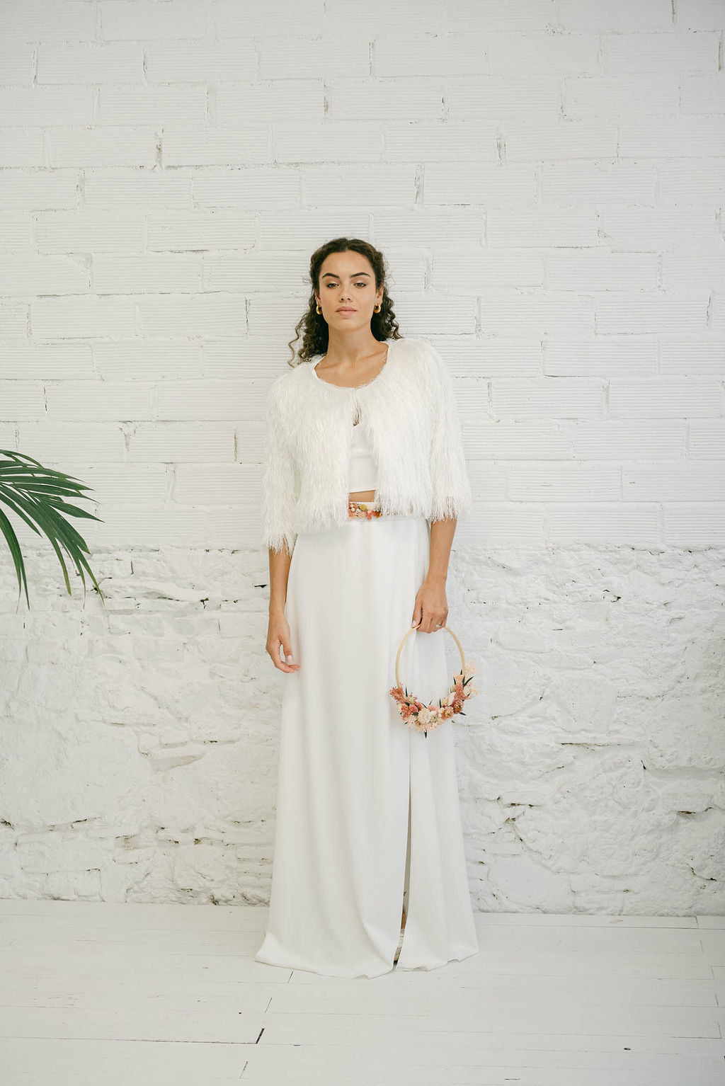 Two-Piece Wedding Dress with White Fur Coat - Simple Top and Skirt with Side Slit
