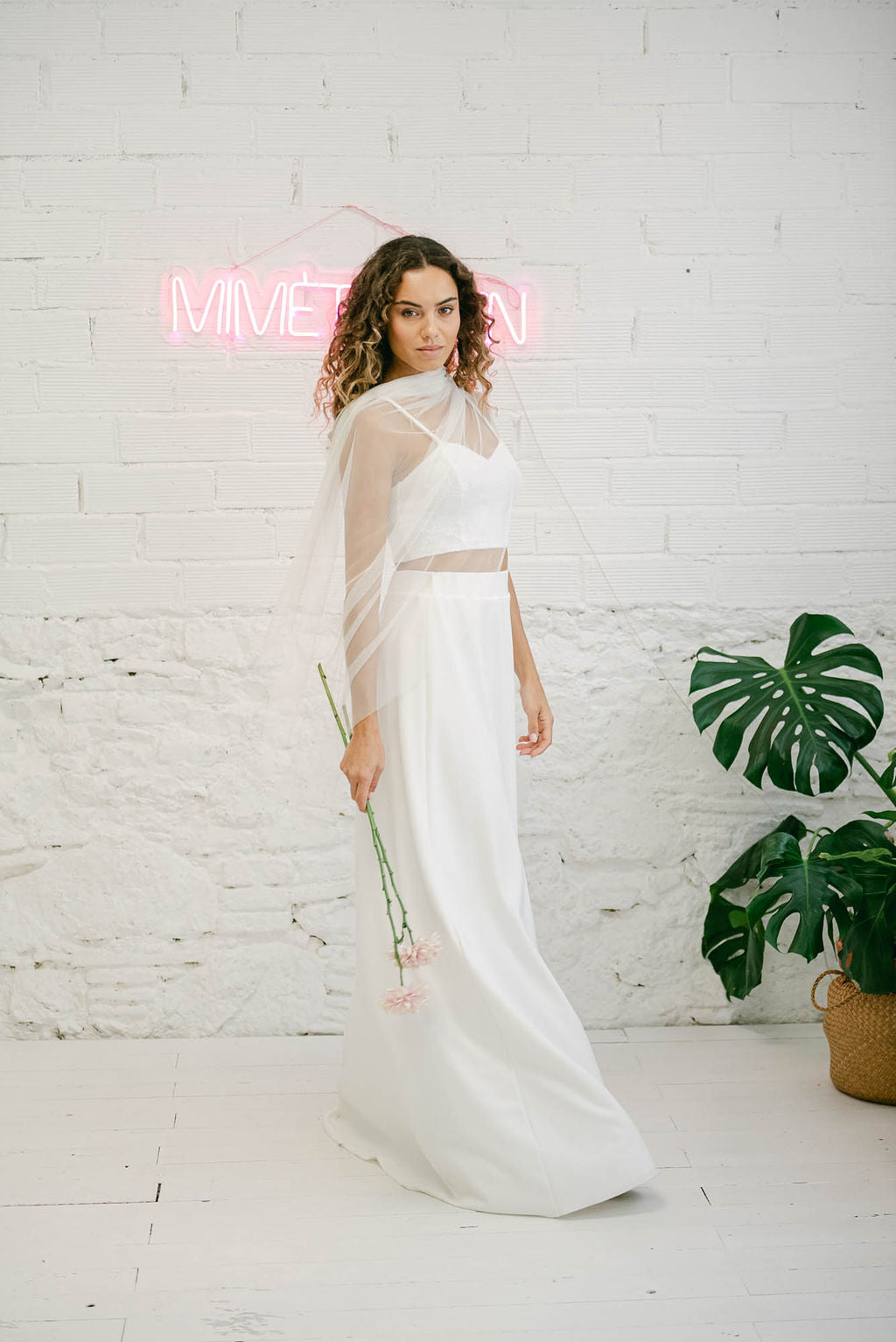 Wedding Dress with Sparkly Top and Split Skirt with Tulle Accents