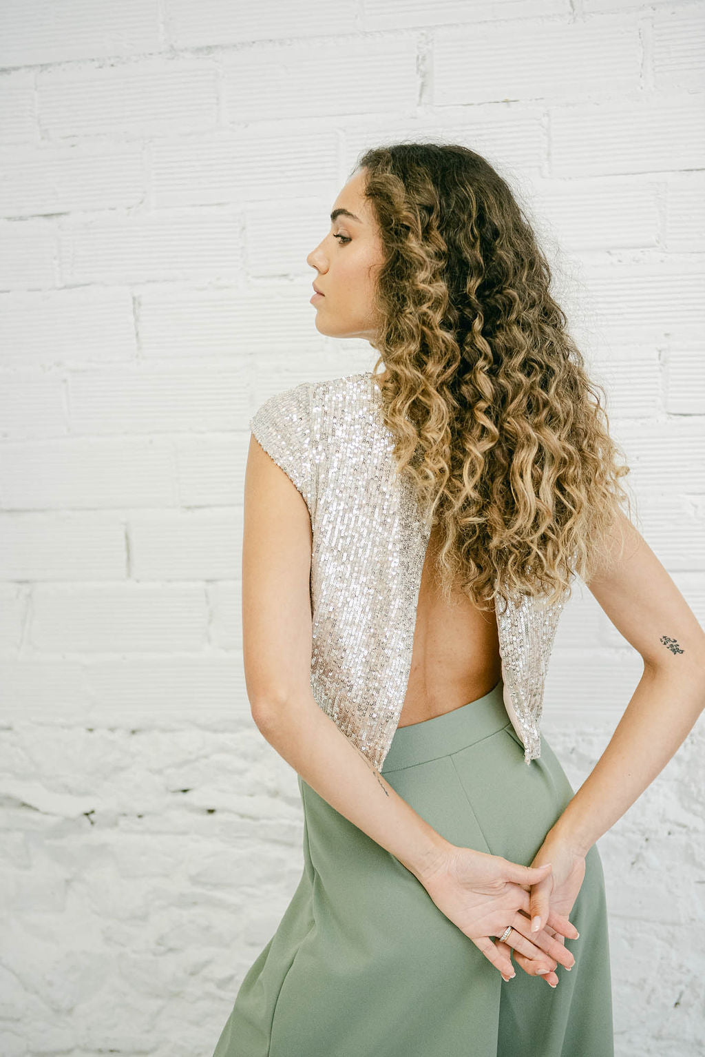Wedding Guest Outfit with Sequin Top with Back Opening and Green Pants