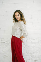 Two-Piece Wedding Guest Outfit: Silver Sequins and Burgundy Palazzo
