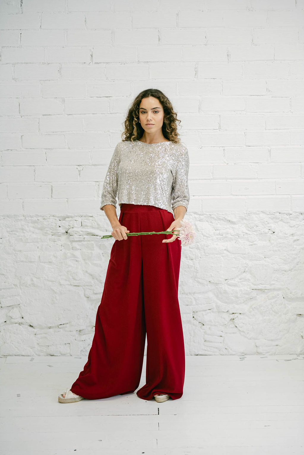 Two-Piece Wedding Guest Outfit: Silver Sequins and Burgundy Palazzo