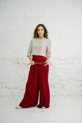 Two-Piece Wedding Guest Outfit: Silver Sequins and Burgundy Palazzo