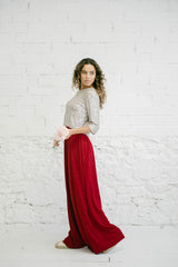 Two-Piece Wedding Guest Outfit: Silver Sequins and Burgundy Palazzo