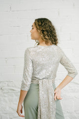 Two-Piece Wedding Guest Outfit with Multi-Position Sequin Top and Green Palazzo