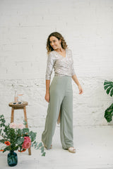 Two-Piece Wedding Guest Outfit with Multi-Position Sequin Top and Green Palazzo