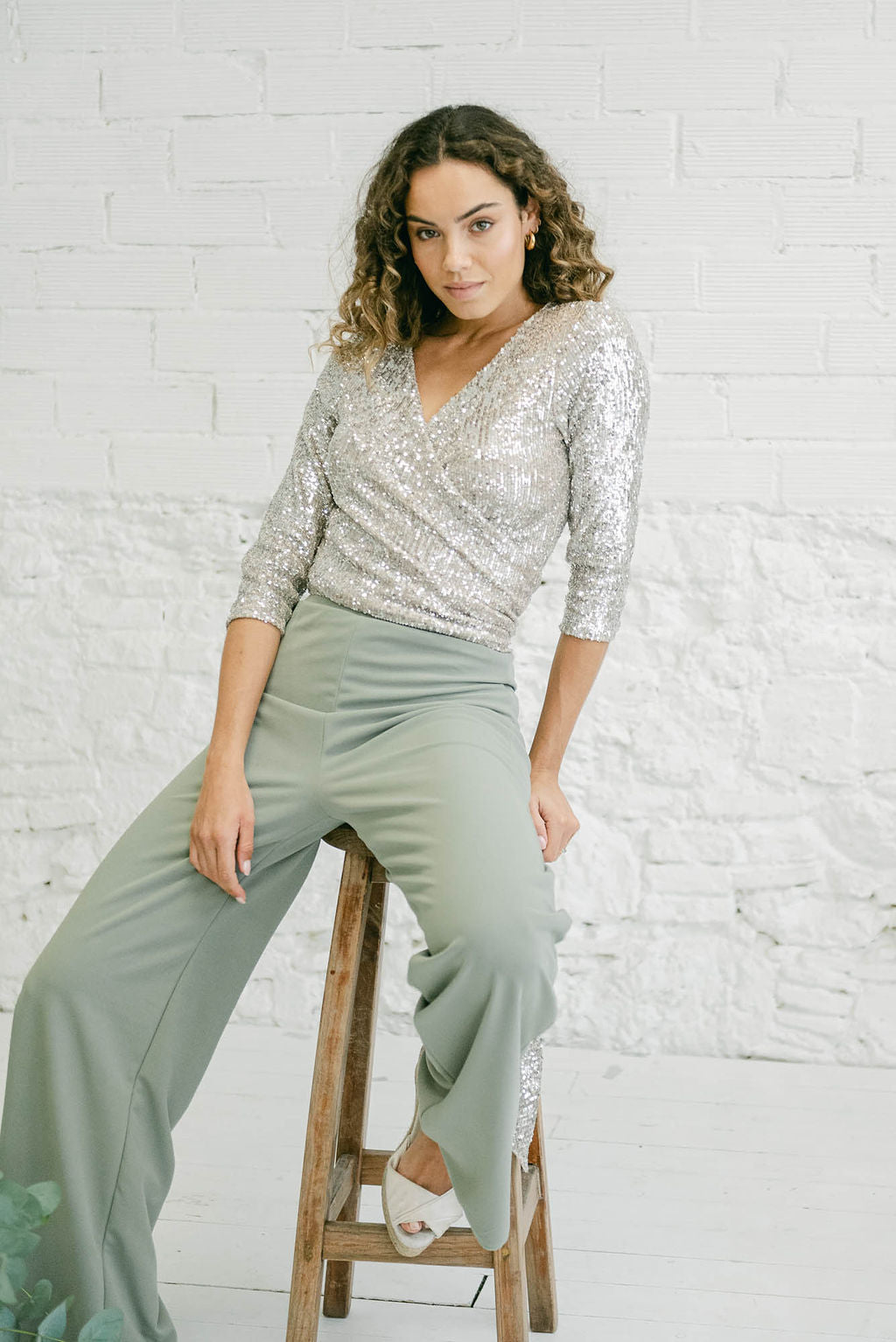 Two-Piece Wedding Guest Outfit with Multi-Position Sequin Top and Green Palazzo