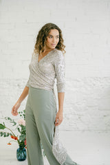 Two-Piece Wedding Guest Outfit with Multi-Position Sequin Top and Green Palazzo