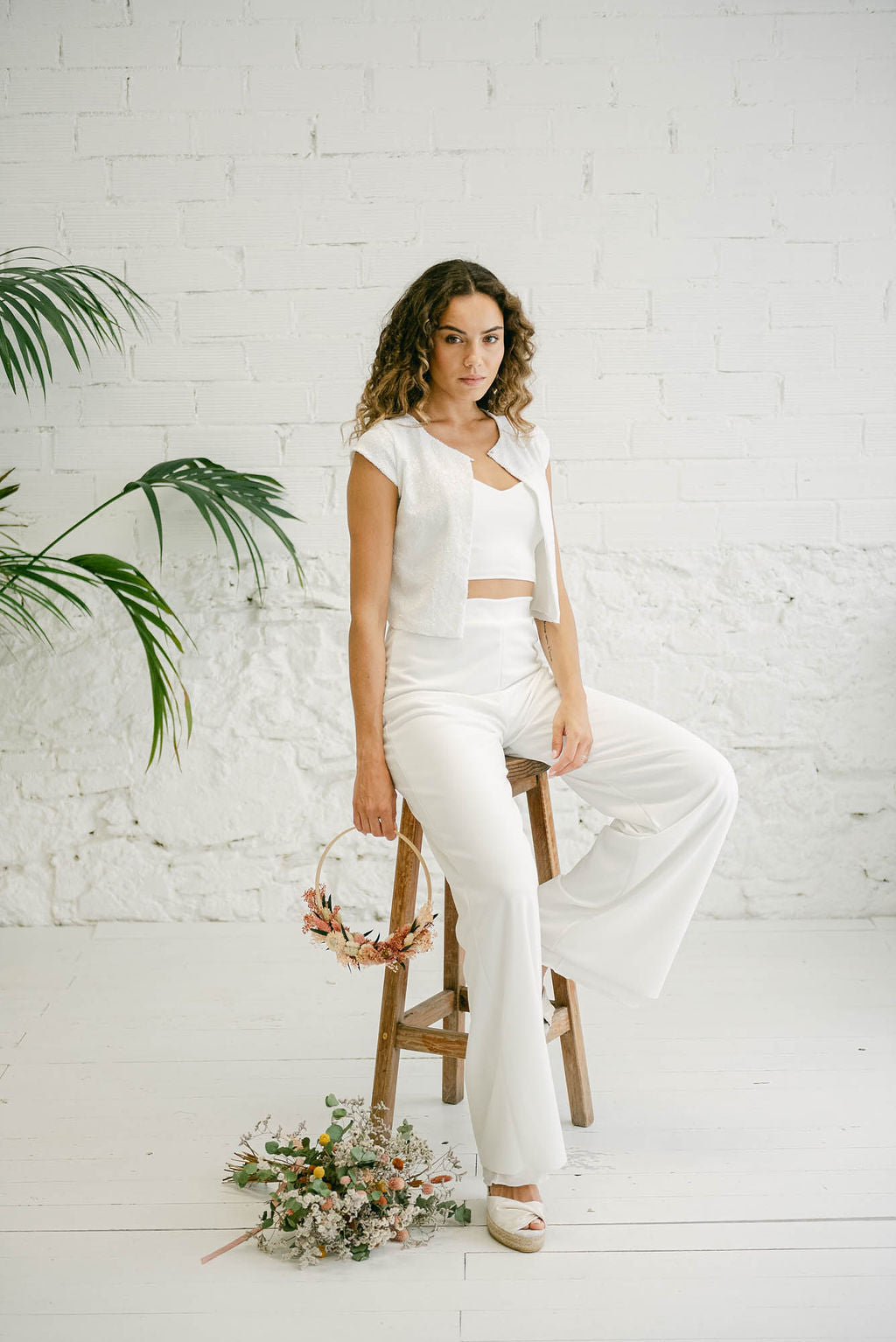 Three-Piece Wedding Dress with Sleeveless Sequin Top