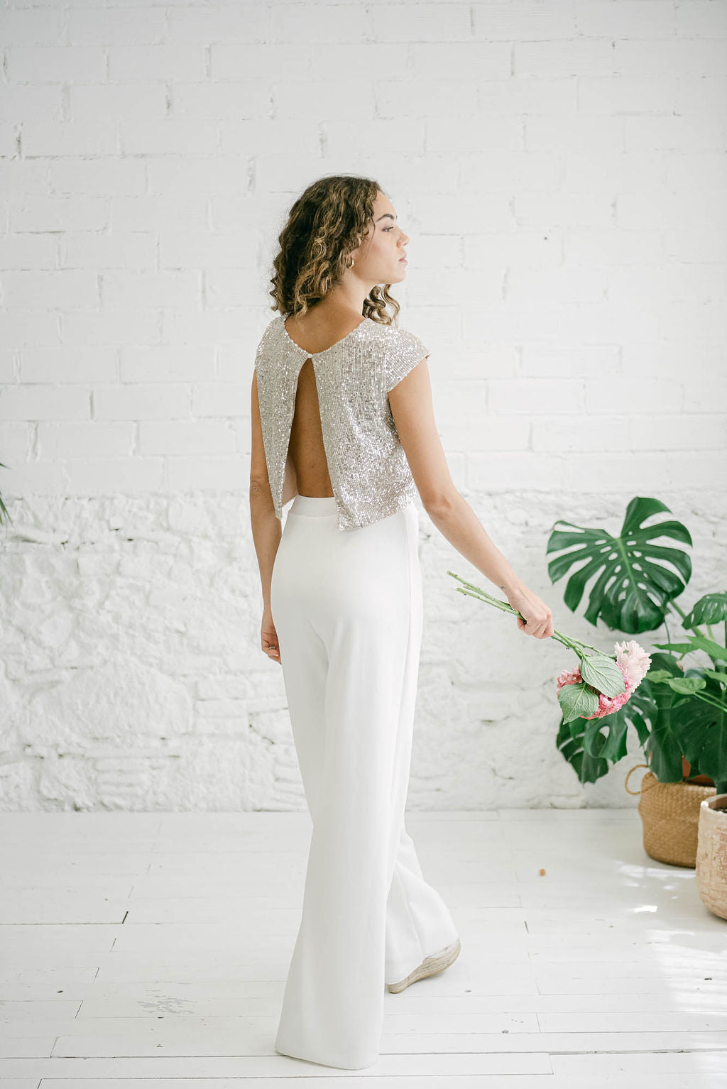 Conjunto de Novia de Dos Piezas | Crop Top de Lentejuelas y Pantalón Palazzo