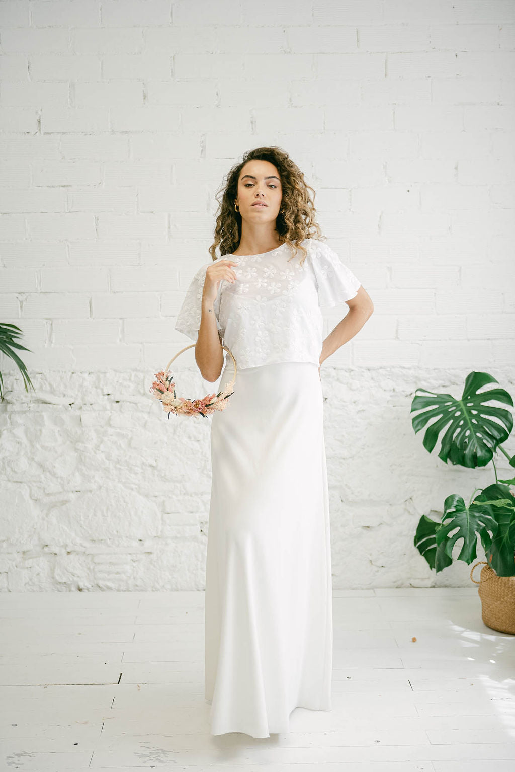 Long Wedding Dress with Spaghetti Straps and Multi-Position White Flower Bolero
