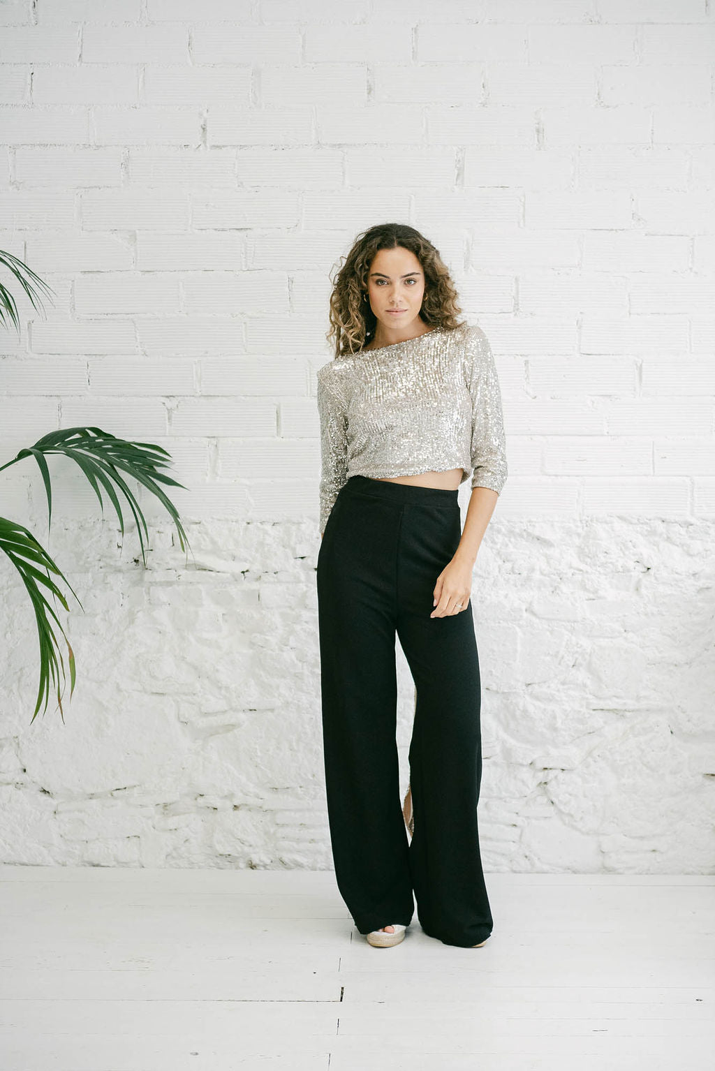 Black Straight Pants for Guests and Silver Sequin Bolero