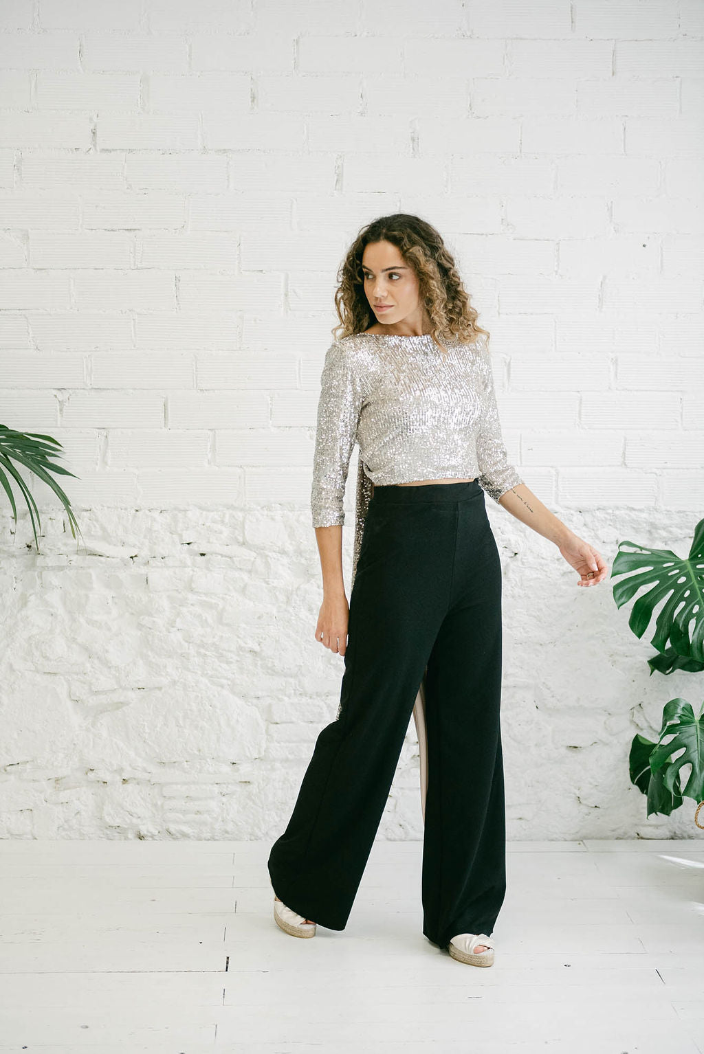Black Straight Pants for Guests and Silver Sequin Bolero