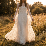 Sobrecapa de novia de encaje con mangas y cola | Bridal Topper Boho