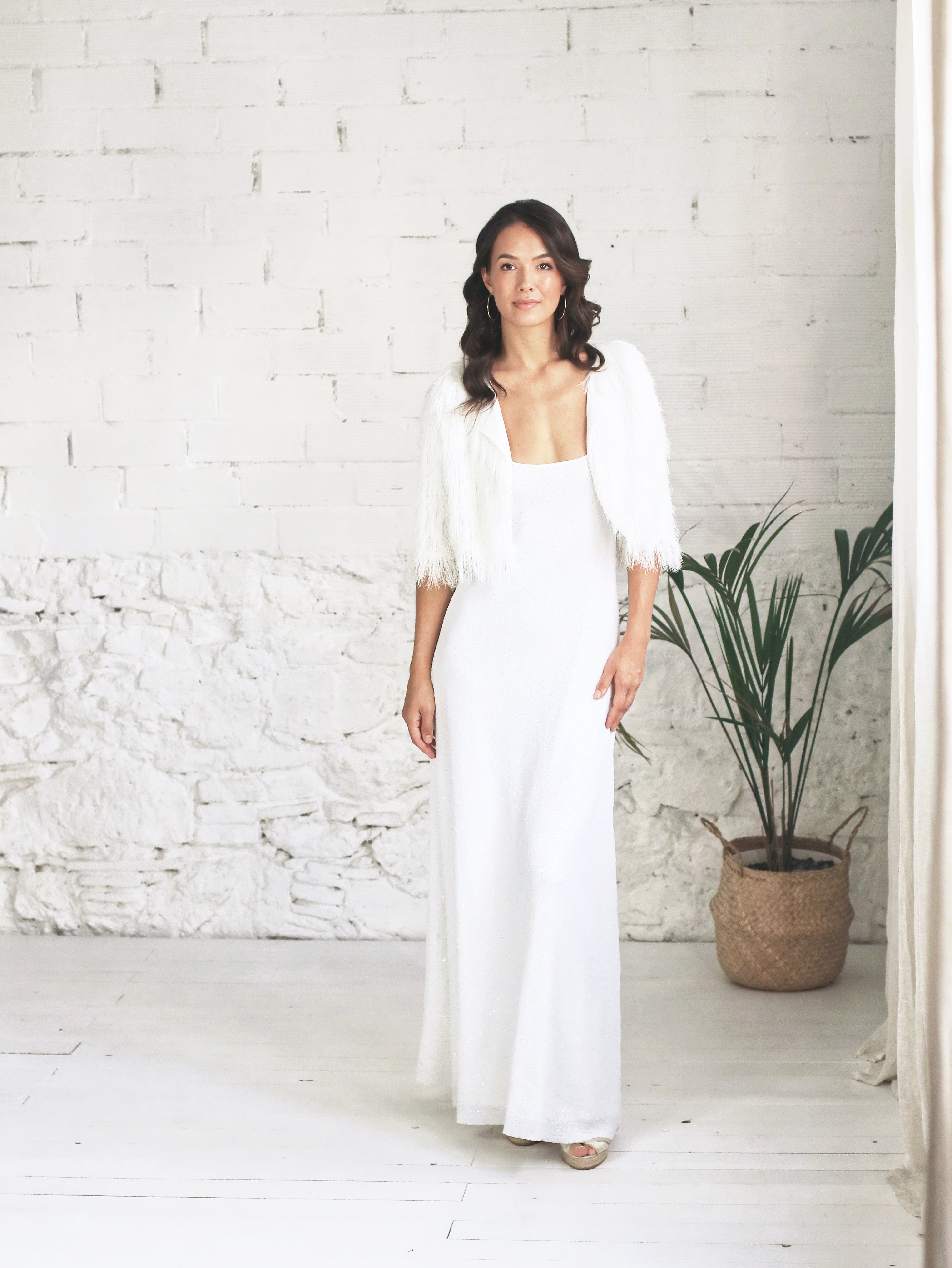 Long Dress with Micro Sequins and Short Fur Jacket