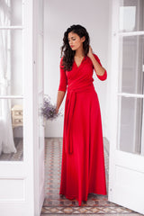 Long red dress, long wrap dress, red 3/4 sleeve gown, red long sleeve maxi dress, convertible wrap dress, red long dress, red ev