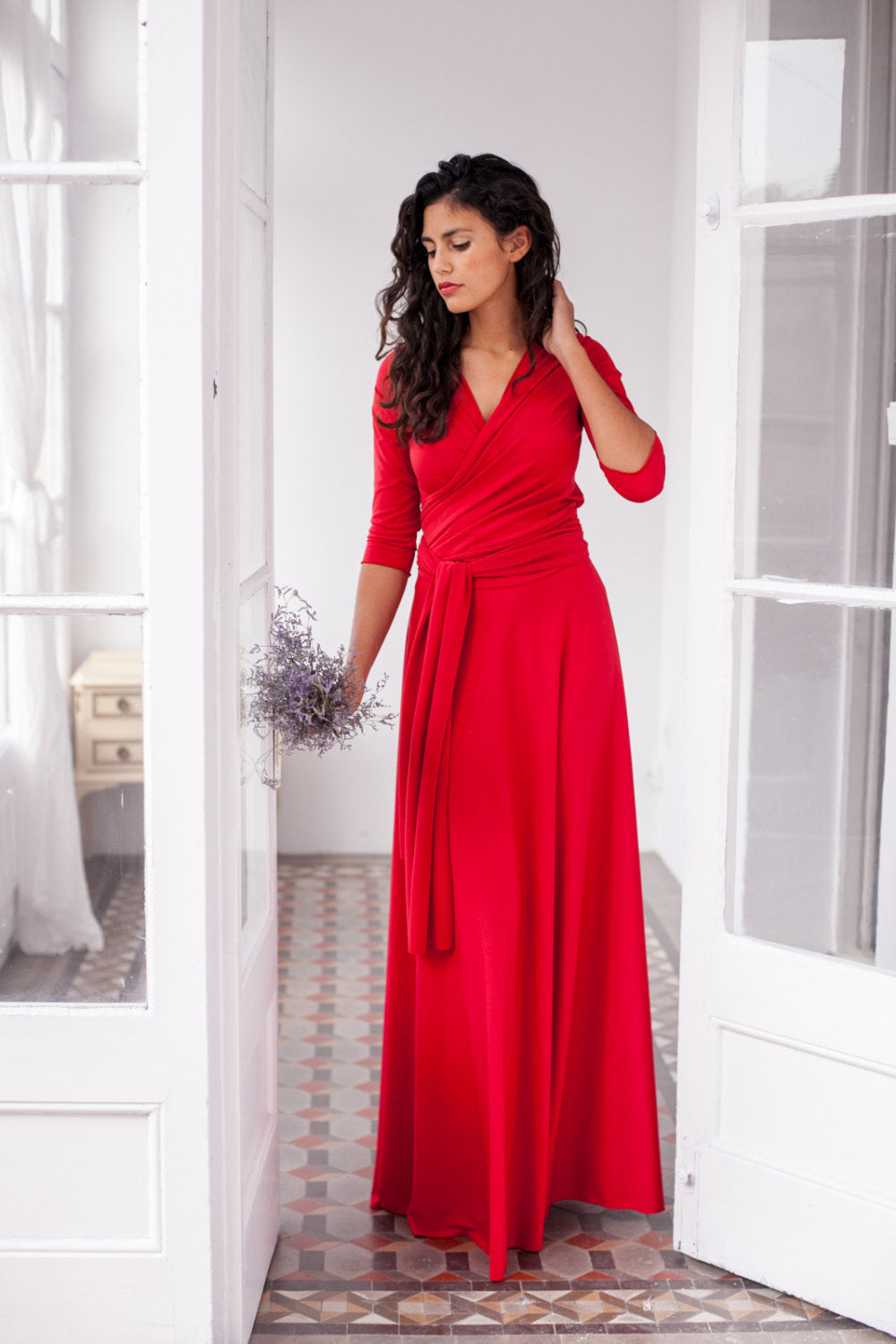 Long red dress, long wrap dress, red 3/4 sleeve gown, red long sleeve maxi dress, convertible wrap dress, red long dress, red ev
