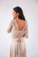 Bohemian wedding dress, lace wedding dress, rustic wedding dress lace bridal gown, nude wedding dress, long sleeve wedding dress