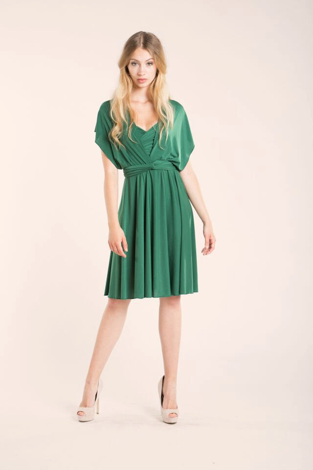 Green dress, short bridesmaid dress, emerald green infinity wrap dress, infinity wrap dress, knee length wrap dress, feminine gr
