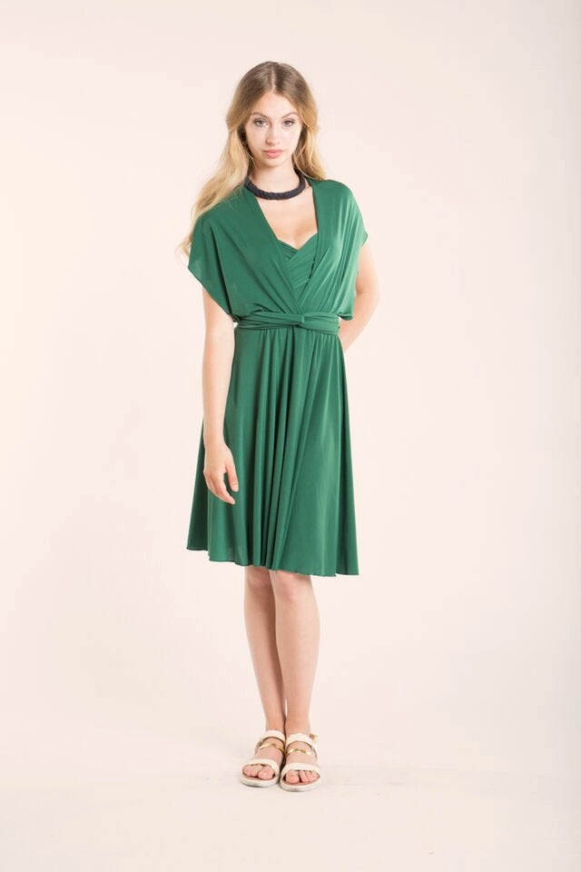 Green dress, short bridesmaid dress, emerald green infinity wrap dress, infinity wrap dress, knee length wrap dress, feminine gr