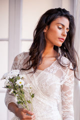 Lace dress, champagne ivory lace wedding dress, romantic bridal gown, vintage style wedding dress, long sleeved wedding dress, l