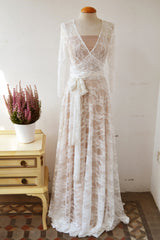 Lace dress, champagne ivory lace wedding dress, romantic bridal gown, vintage style wedding dress, long sleeved wedding dress, l