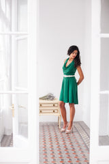 Emerald green dress, 3/4 sleeve wrap dress, knee-length dress, short dress green, convertible dress, cocktail dress, halter dres