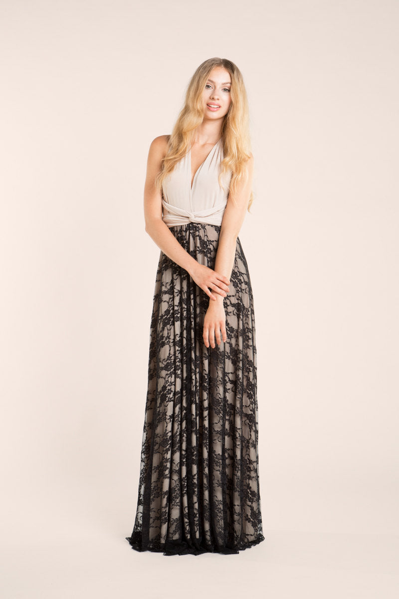 Long lace champagne bridesmaid dress, black lace bridesmaid dress, long champagne bridesmaid gown, long lace dress, sand beige e