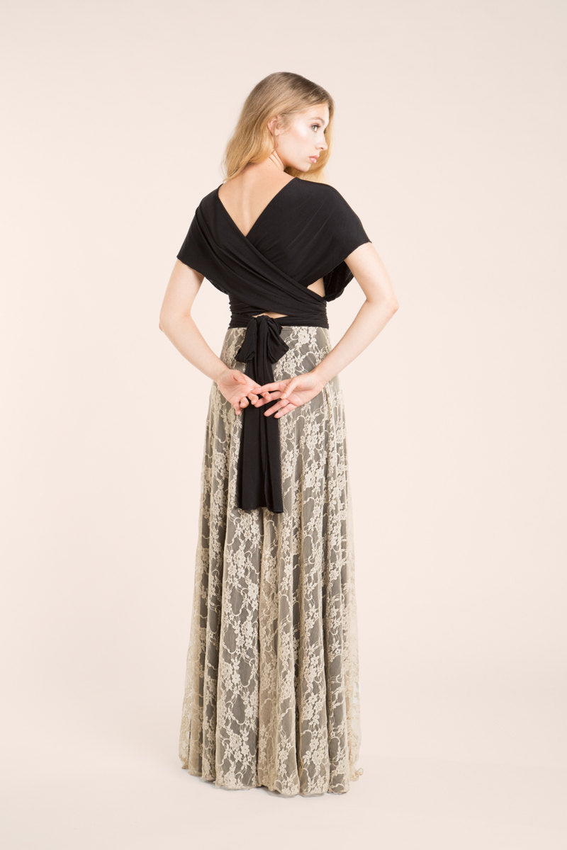 Black and golden lace long dress, golden lace long event dress, elegant black and golden lace gown, black lace gown, custom made