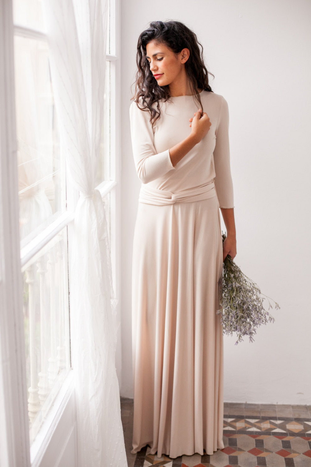 Beige bridesmaid dress, long sleeve bridesmaid dress, convertible long dress, long sleeve wrap dress, beige long dress, Mimetik