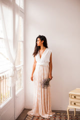 Rustic rose quartz wedding dress, rose gold lace wedding gown, lace bridal gown, pale pink wedding dress, beige pink lace weddin