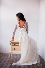 Tulle and lace wedding dress, romantic tulle dress, long sleeve lace wedding dress, tulle bridal gown, boho chic wedding dress w