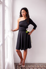 Short black dress, party dress, black convertible dress, long sleeve dress, bridesmaid dress, one shoulder dress, black asymmetr