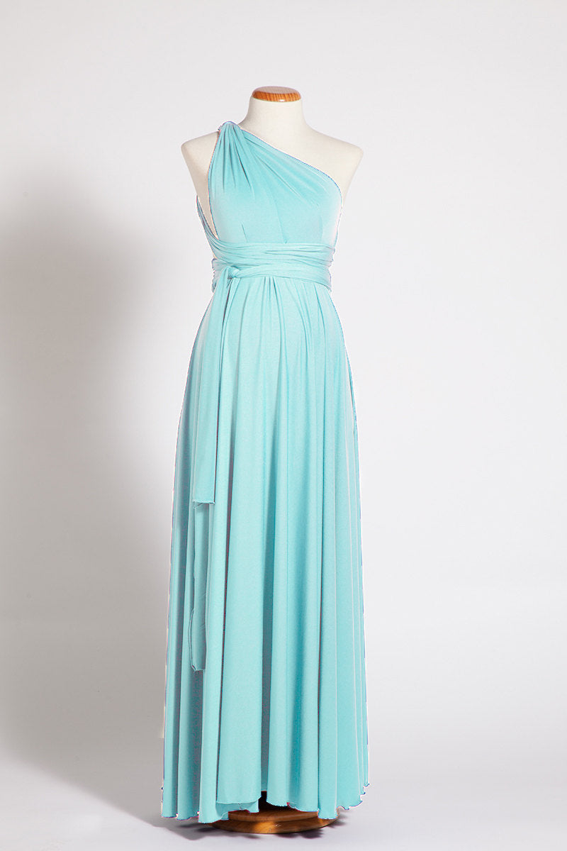 Baby shower maternity infinity dresses, one shoulder aquamarine maxi dress, light blue dresses, maternity convertible dress, rea