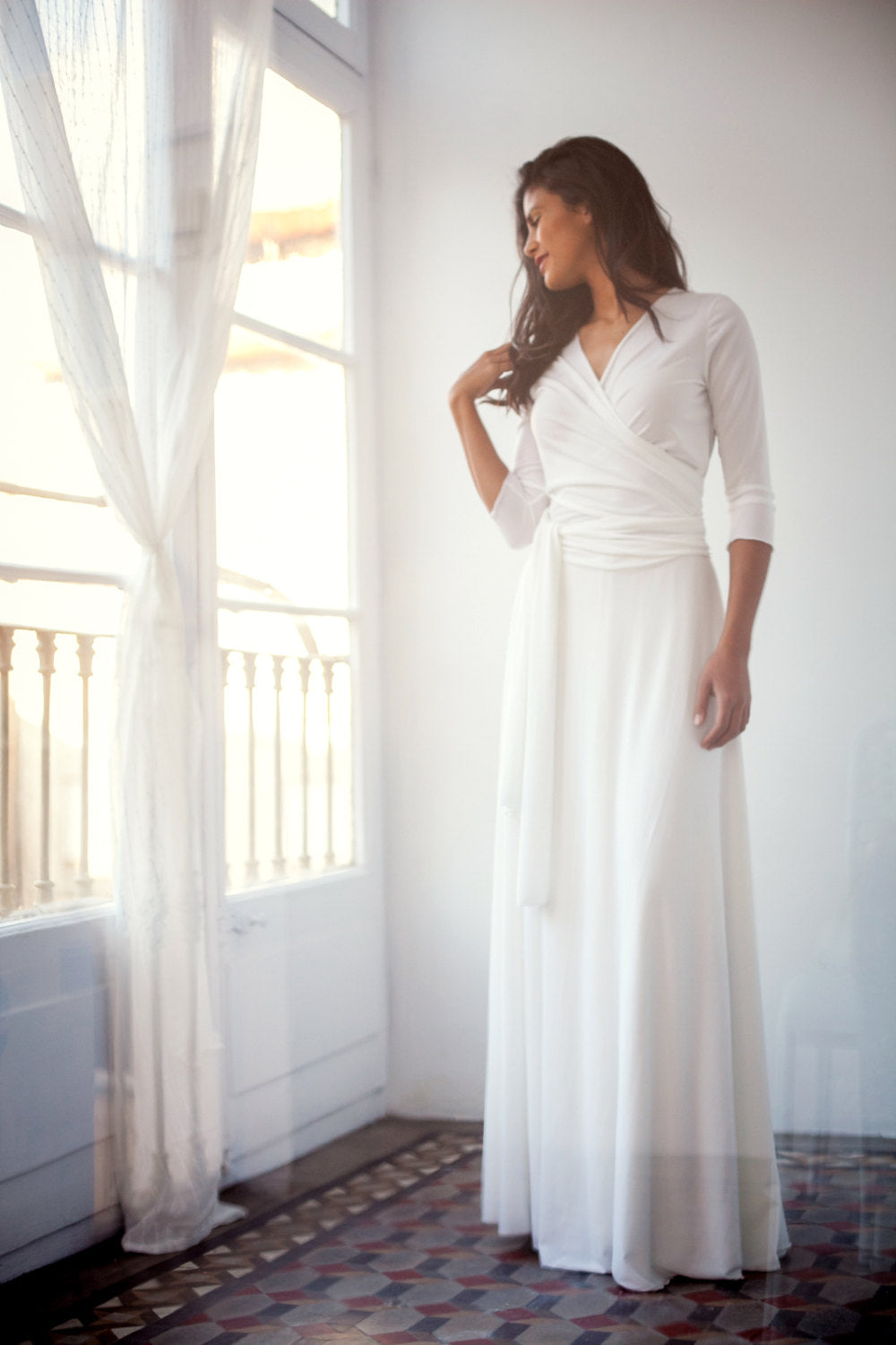 Long sleeved wedding dress, ivory white bridal gown with 3/4 sleeve, white wrap dress, convertible wedding dress, wedding dress