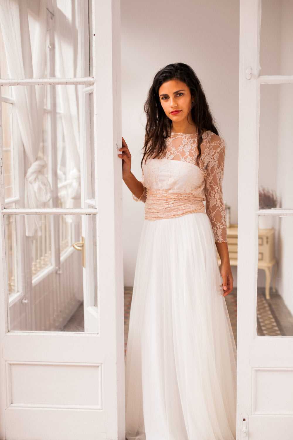 Rose quartz lace wedding dress, tulle and lace wedding dress, tulle dress, long sleeve lace wedding dress, blush pink bridal gow