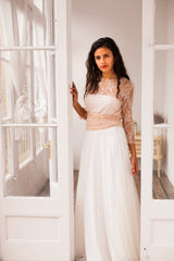 Rose quartz lace wedding dress, tulle and lace wedding dress, tulle dress, long sleeve lace wedding dress, blush pink bridal gow