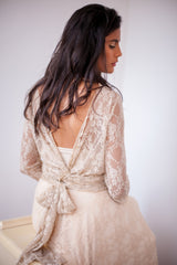 Backless wedding dress, bohemian wedding dress, Long sleeve open back bridal gown, champagne wedding dress, v-shape back wedding