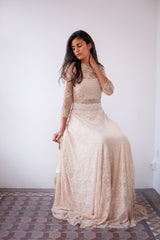 Backless wedding dress, bohemian wedding dress, Long sleeve open back bridal gown, champagne wedding dress, v-shape back wedding