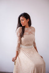 Backless wedding dress, bohemian wedding dress, Long sleeve open back bridal gown, champagne wedding dress, v-shape back wedding