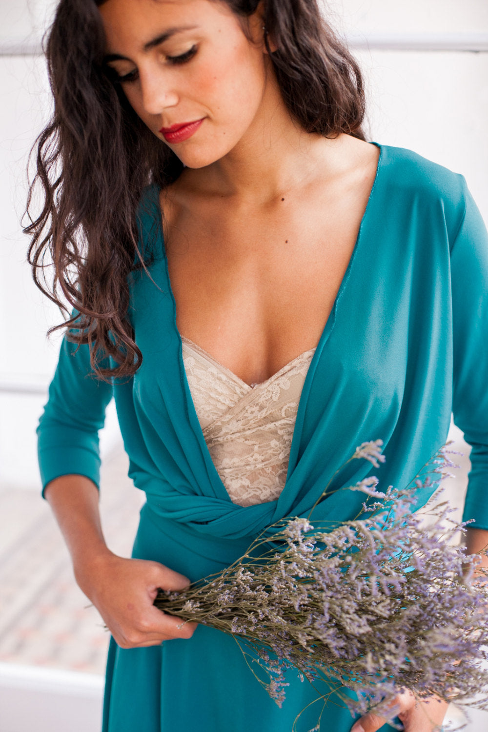 Teal convertible dress, turquoise dress, 3/4 sleeve dress, short wrap dress, petroleum knee-length dress, teal bridesmaids, part