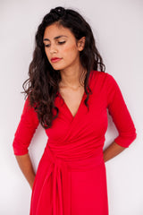 Short red dress, red wrap dress, red dress with sleeves, bridesmaid dress, red party dress, convertible dress, 3/4 sleeve dress,