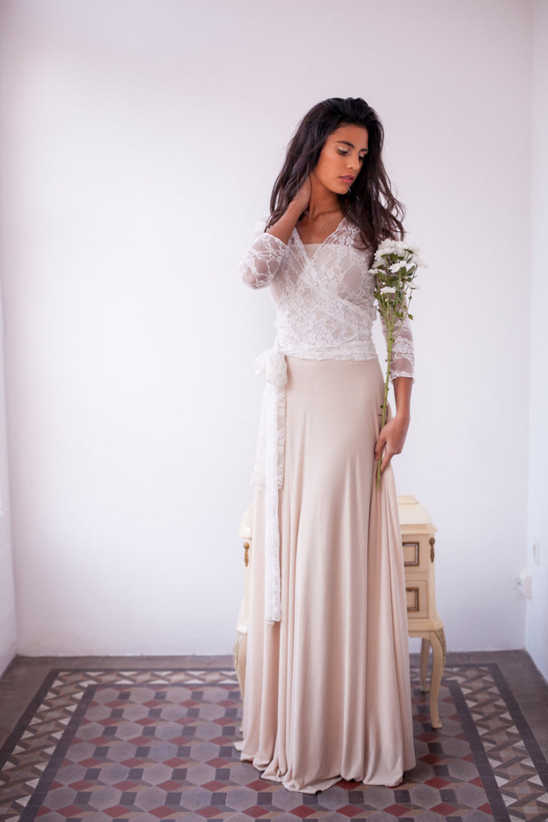 Lace wedding dress with sleeves, bohemian wedding dress, white lace dress, champagne bridal gown, lace gown, marriage, lace dres