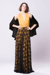 Mustard yellow bridesmaid dress, boho vintage lace dress, great gatsby yellow lace dress, mustard black lace dress, long bridesm