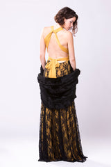 Mustard yellow bridesmaid dress, boho vintage lace dress, great gatsby yellow lace dress, mustard black lace dress, long bridesm