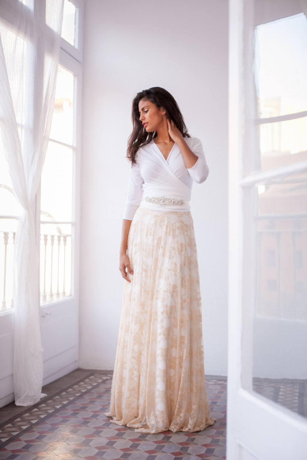 Romantic long sleeve wedding dress, golden lace wedding dress, bridal gown, lace gown, lace, nude lace wedding dress with sleeve