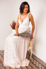 Rustic rose quartz wedding dress, rose gold lace wedding gown, lace bridal gown, pale pink wedding dress, beige pink lace weddin