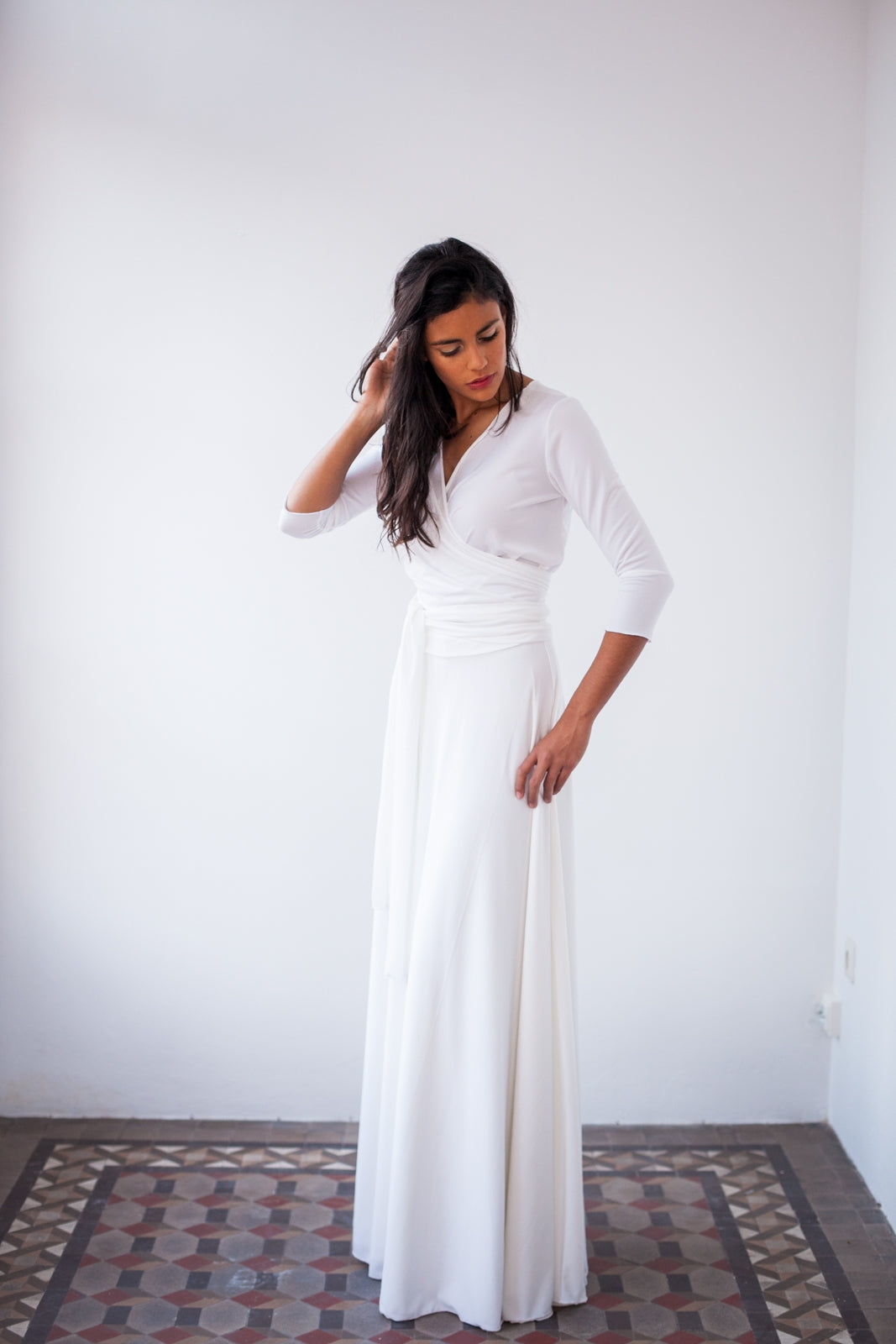 Long sleeved wedding dress, ivory white bridal gown with 3/4 sleeve, white wrap dress, convertible wedding dress, wedding dress
